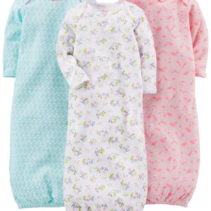 Simple Joys by Carter's Baby Girls' 3-Pack Cotton Sleeper Gown, Blue Ducks/Pink Animal/White Floral, 0-3 Months