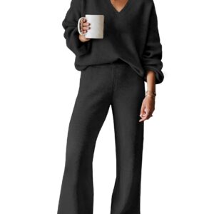 ANRABESS Women's Two Piece Outfits Sweater Sets Long Sleeve V Neck Knit Pullover and Wide Leg Pants Sweatsuit Lounge Set Black Large