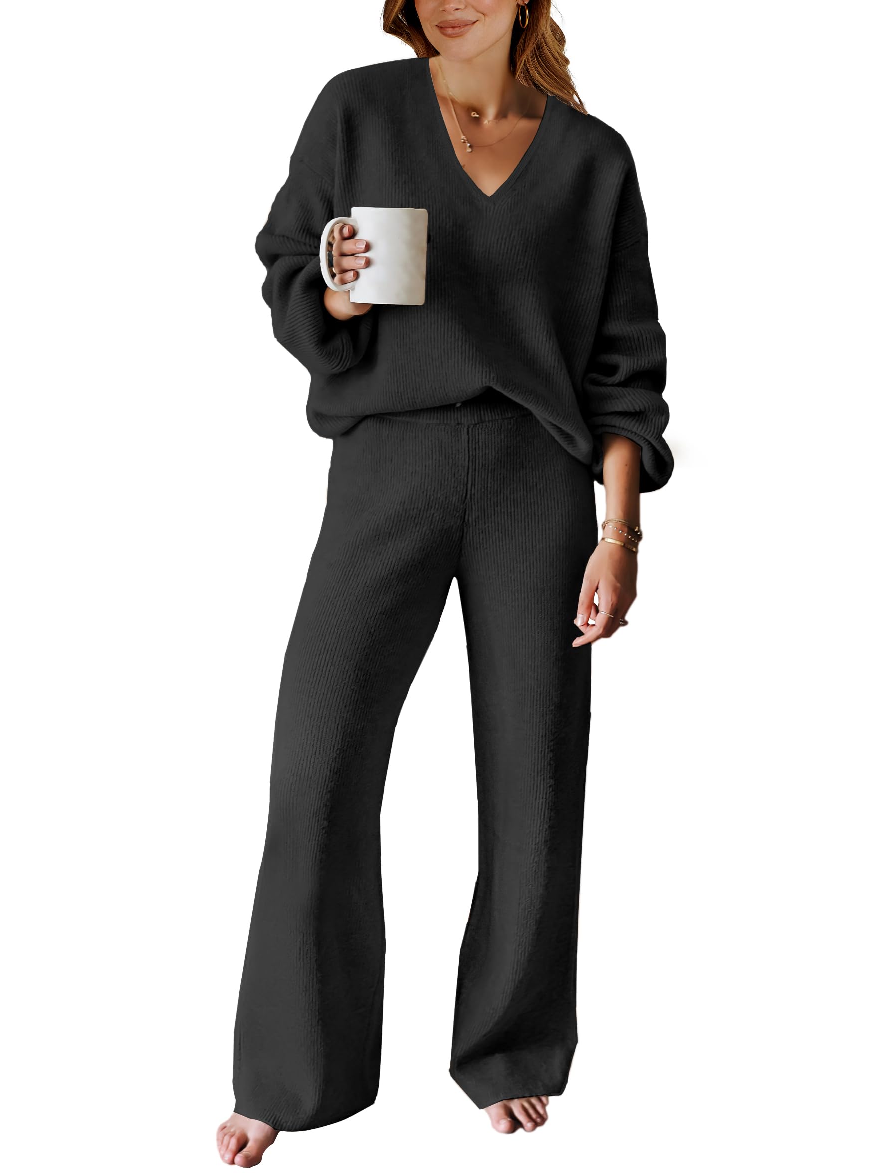 ANRABESS Women's Two Piece Outfits Sweater Sets Long Sleeve V Neck Knit Pullover and Wide Leg Pants Sweatsuit Lounge Set Black Large