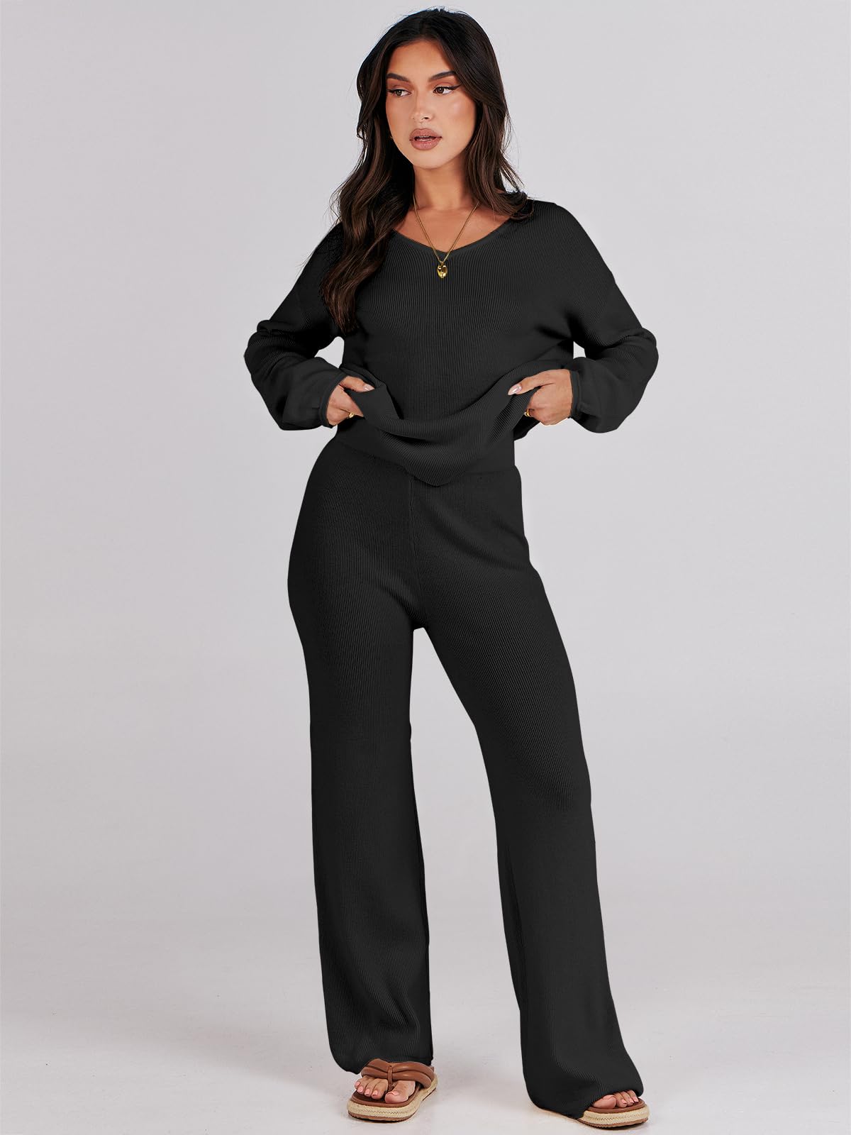 ANRABESS Women's Two Piece Outfits Sweater Sets Long Sleeve V Neck Knit Pullover and Wide Leg Pants Sweatsuit Lounge Set Black Large