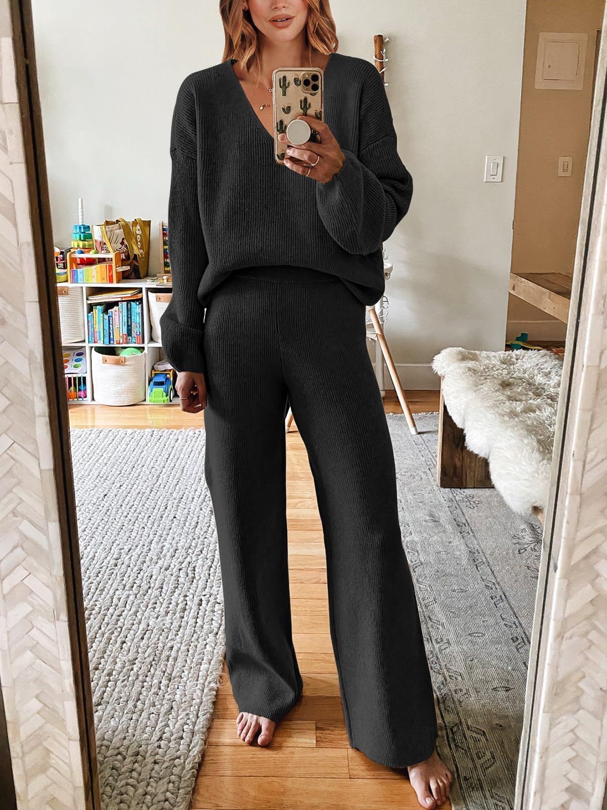 ANRABESS Women's Two Piece Outfits Sweater Sets Long Sleeve V Neck Knit Pullover and Wide Leg Pants Sweatsuit Lounge Set Black Large