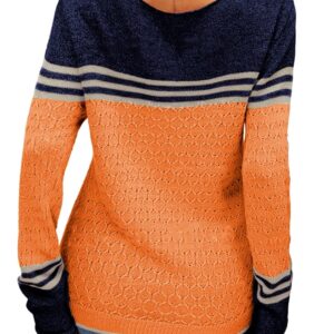 Danedvi Women Autumn Winter Colorblock Pullover Sweaters Round Neck Striped Slim Fitting Knitwear Tops Orange