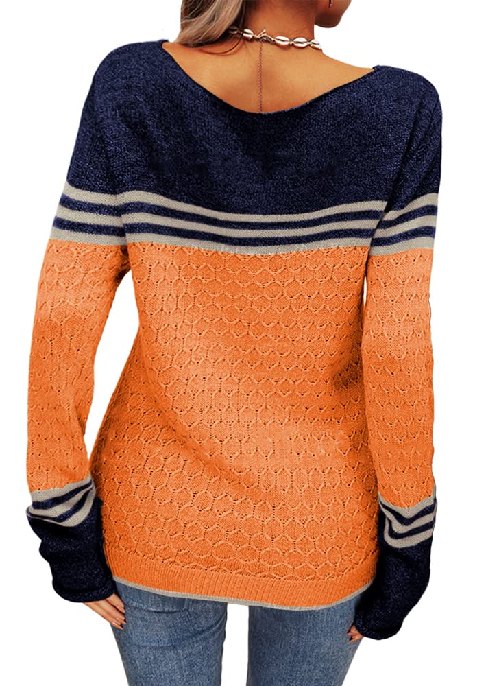 Danedvi Women Autumn Winter Colorblock Pullover Sweaters Round Neck Striped Slim Fitting Knitwear Tops Orange