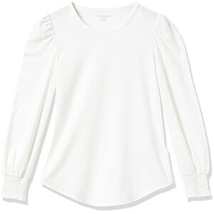 Amazon Essentials Women's Long-Sleeve Crewneck Smocked Cuff T-Shirt, White, Small