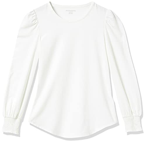 Amazon Essentials Women's Long-Sleeve Crewneck Smocked Cuff T-Shirt, White, Small