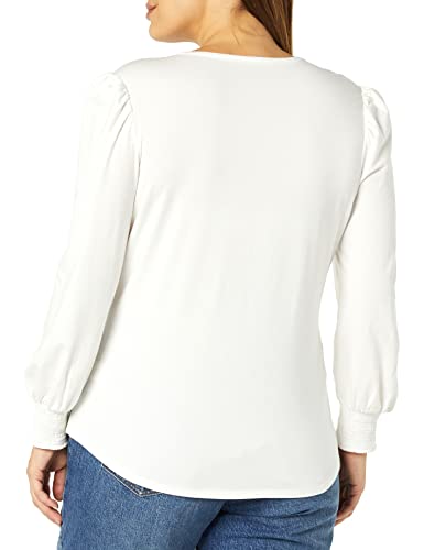 Amazon Essentials Women's Long-Sleeve Crewneck Smocked Cuff T-Shirt, White, Small