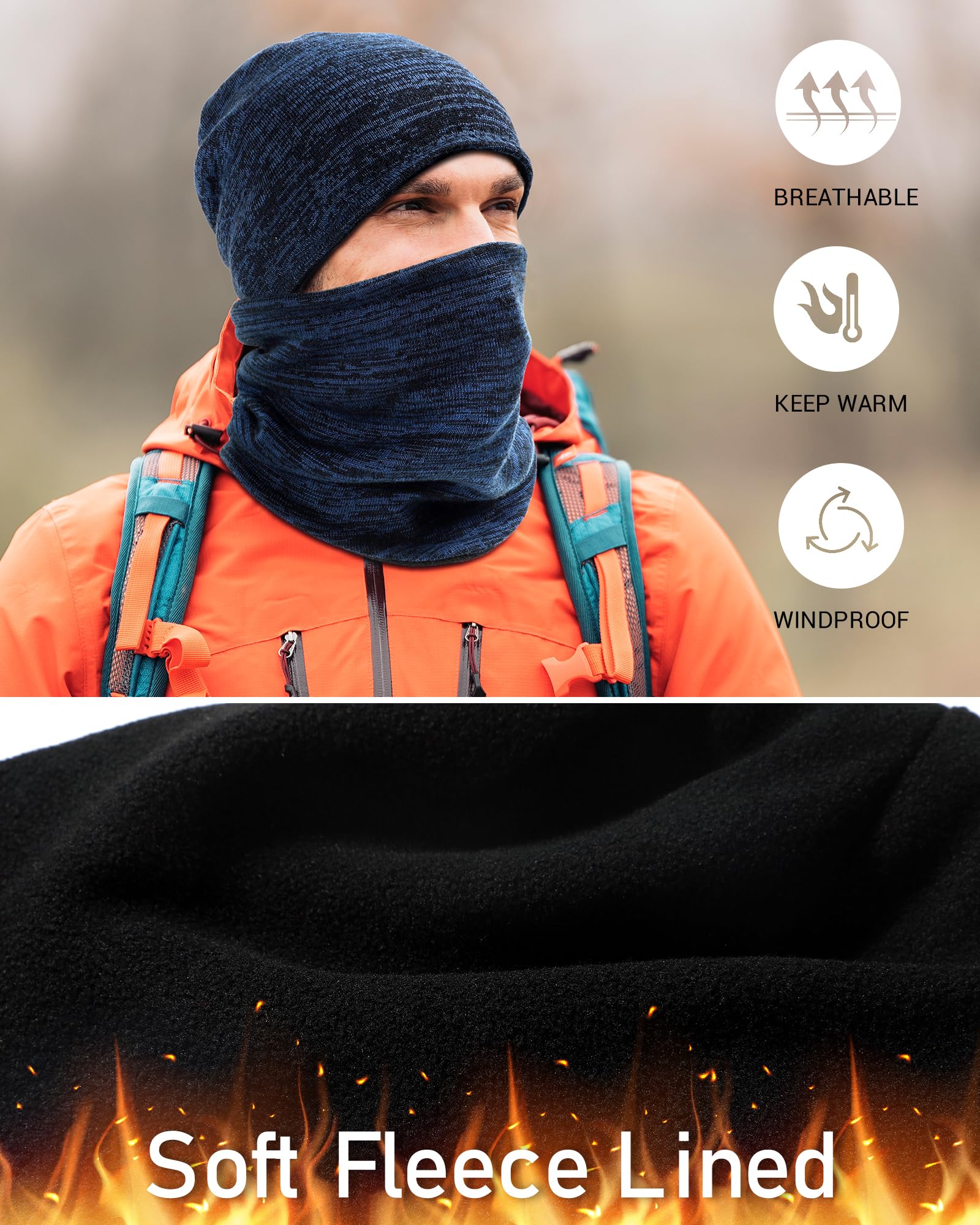 Winter Beanie Hat Scarf for Men Women Knit Thick Fleece Lined Warm Windproof Ski Skull Cap Neck Warmer Gaiter Face Scarf Set