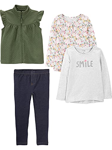 Simple Joys by Carter's Girls' 4-Piece Top and Vest Set, Floral/Olive, 3T