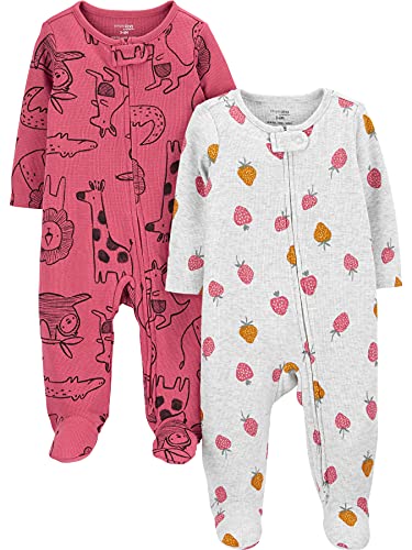 Simple Joys by Carter's Baby Girls' 2-Way Zip Thermal Footed Sleep and Play, Pack of 2, Dark Rose Forest Animals/Grey Strawberries, Preemie