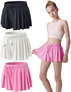 3 pack girls flowy shorts with spandex liner 2-in-1 youth butterfly skirts for fitness, running, sports (set 2, youth large)