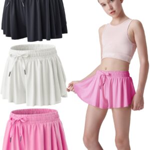 3 Pack Girls Flowy Shorts with Spandex Liner 2-in-1 Youth Butterfly Skirts for Fitness, Running, Sports (Set 2, Youth Large)