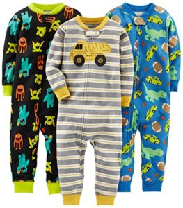 simple joys by carter's baby boys' 3-pack snug fit footless cotton pajamas, black monster/blue dinosaur/grey stripe, 3t