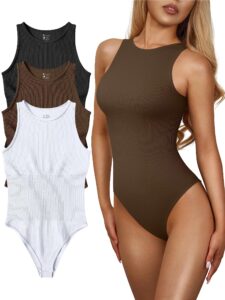 oqq women's 3 piece bodysuits sexy ribbed one piece sleeveless halter neck bodysuits black coffee white