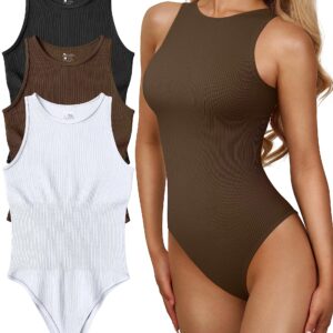 OQQ Women's 3 Piece Bodysuits Sexy Ribbed One Piece Sleeveless Halter Neck Bodysuits Black Coffee White