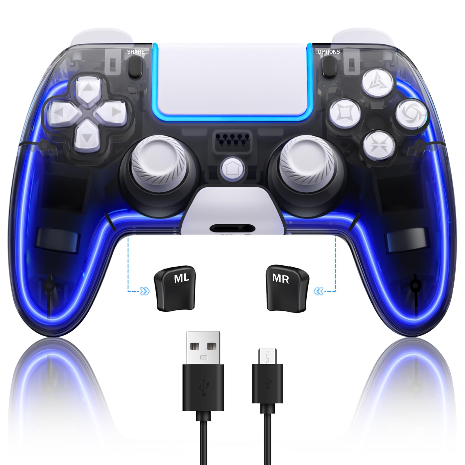 Honghao Controllers for PS4,Custom PS4 Remote with Hall 3D Joystick, RGB Wireless Game Controllers for Playstation 4 |Customizable Buttons| Responsive Control (Black + White)