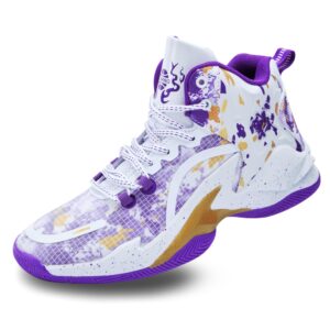 Promenie Men's High Top Basketball Shoes Fashionable Breathable Professional Outdoor Basketball Shoes White-Purple Size 8.5