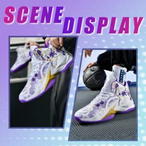 Promenie Men's High Top Basketball Shoes Fashionable Breathable Professional Outdoor Basketball Shoes White-Purple Size 8.5