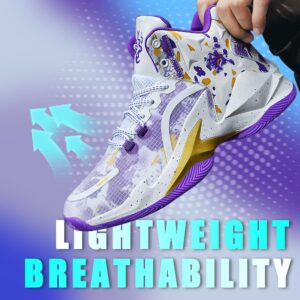 Promenie Men's High Top Basketball Shoes Fashionable Breathable Professional Outdoor Basketball Shoes White-Purple Size 8.5