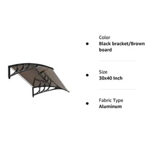 VINGLI Window Awning Door Canopy Exterior, 30" x 40" Awnings for Doors Polycarbonate Cover Patio Door Awning Rain Snow Sunlight Protection Hollow Sheet (Brown Board & Black Bracket)