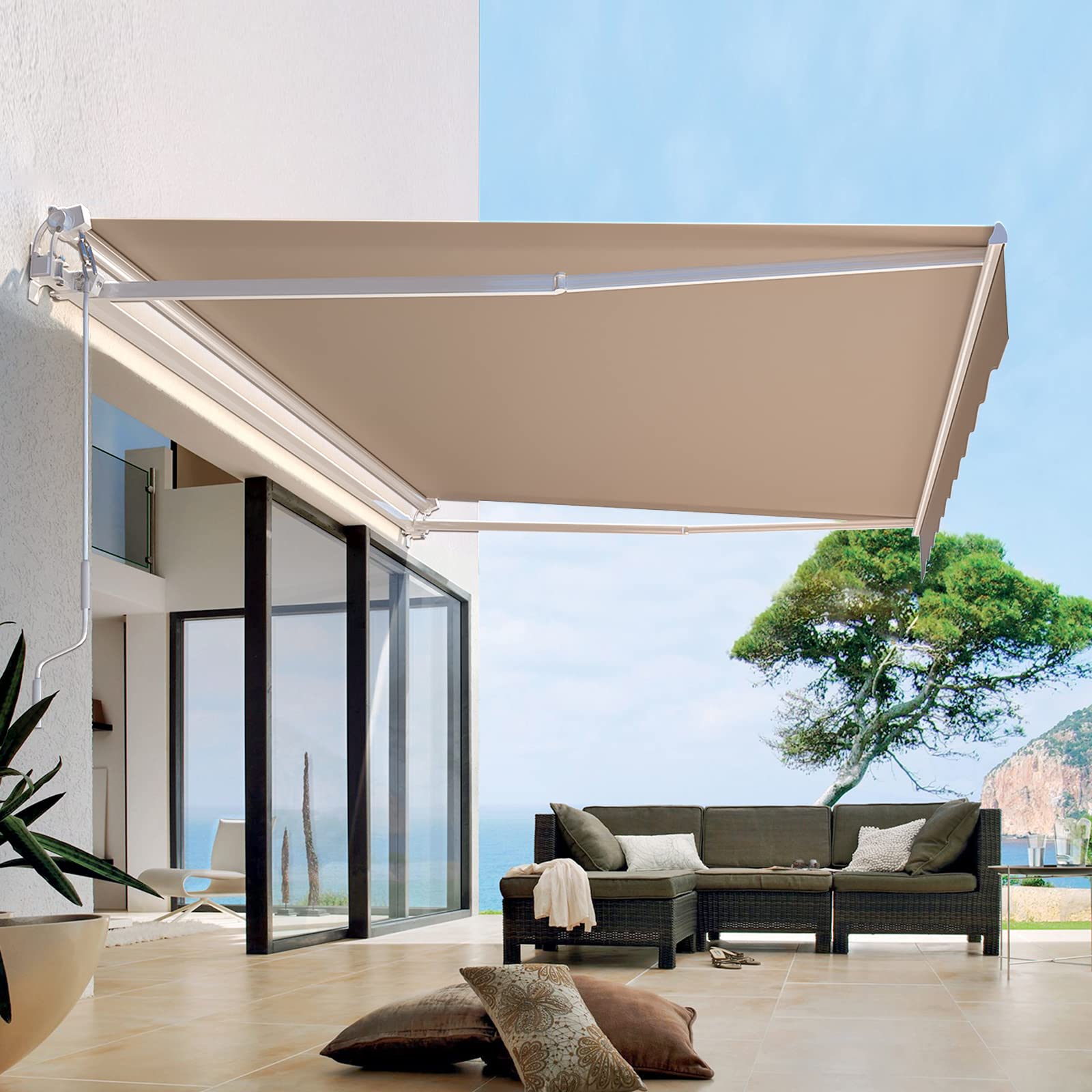 AECOJOY 13'×8' Manual Retractable Awning Sun Shade Patio Awning Cover Outdoor Patio Canopy Sunsetter Deck Awnings with Manual Crank Handle, Beige