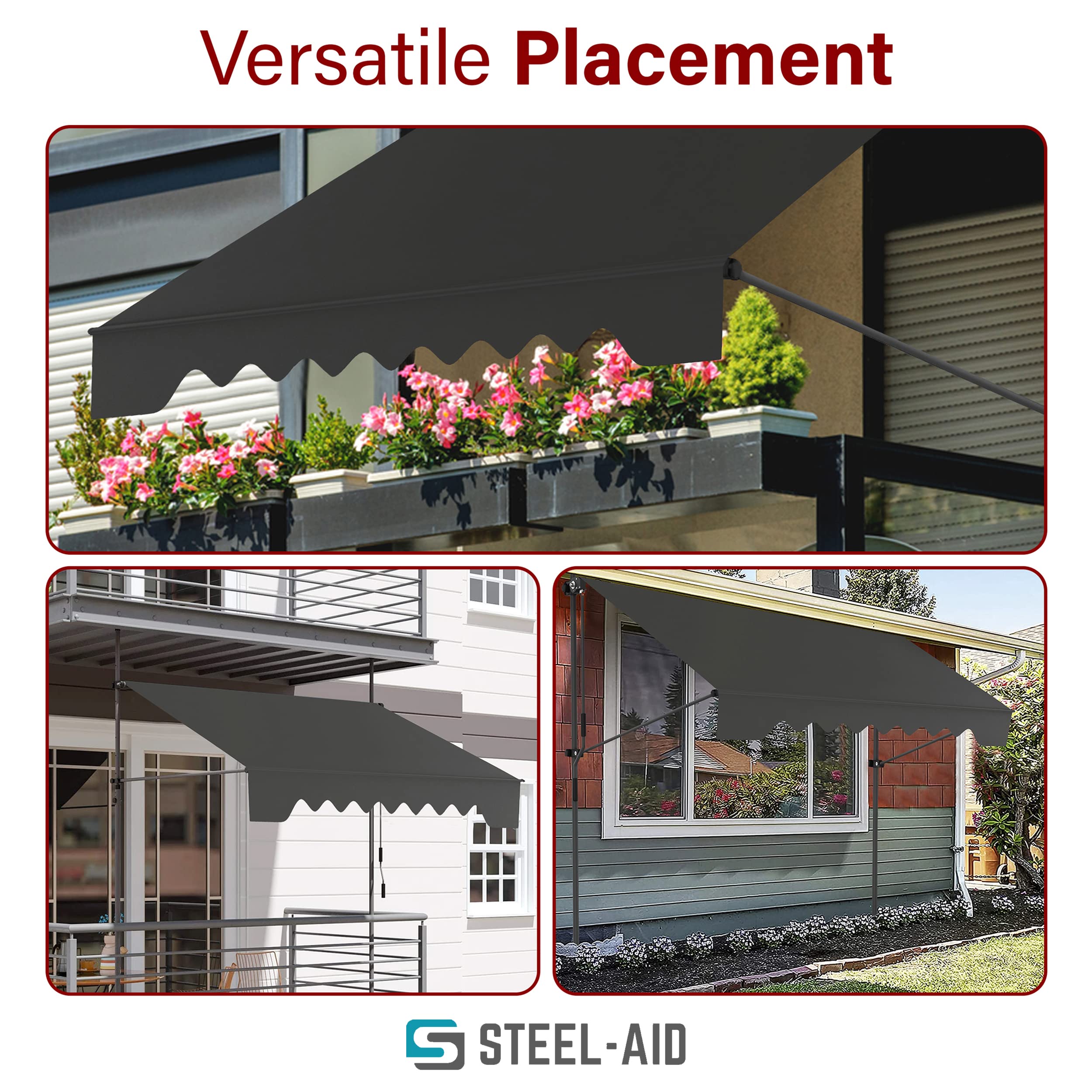 STEELAID Manual Retractable Awning – 59” Non-Screw Outdoor Sun Shade – Adjustable Pergola Shade Cover with UV Protection – 100% Polyester Made Outdoor Canopy – Ideal for Any Window or Door