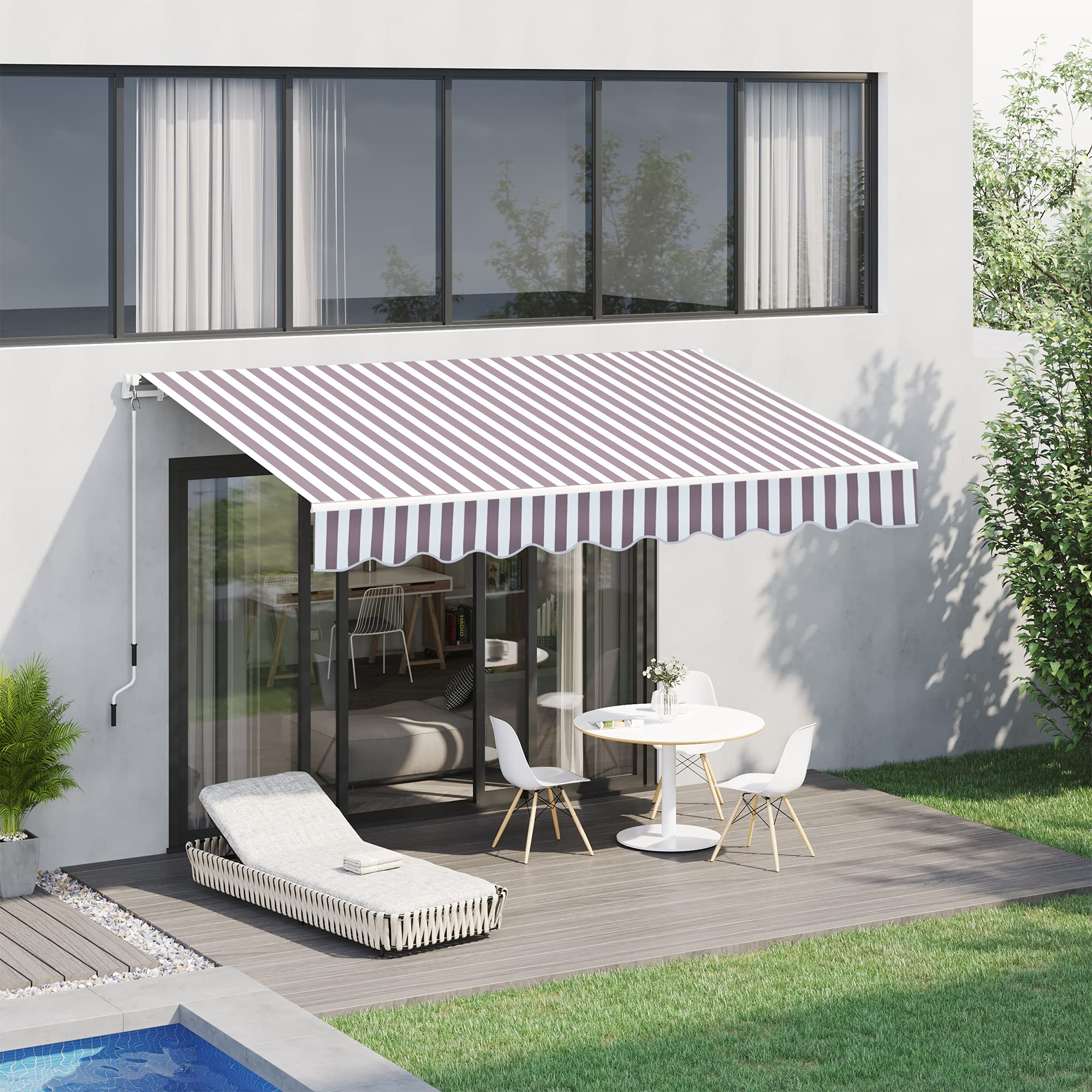 Outsunny 10' x 8' Retractable Awning, Patio Awnings, Sunshade Shelter w/Manual Crank Handle, UV & Water-Resistant Fabric and Aluminum Frame for Deck, Balcony, Yard, Coffee Stripes