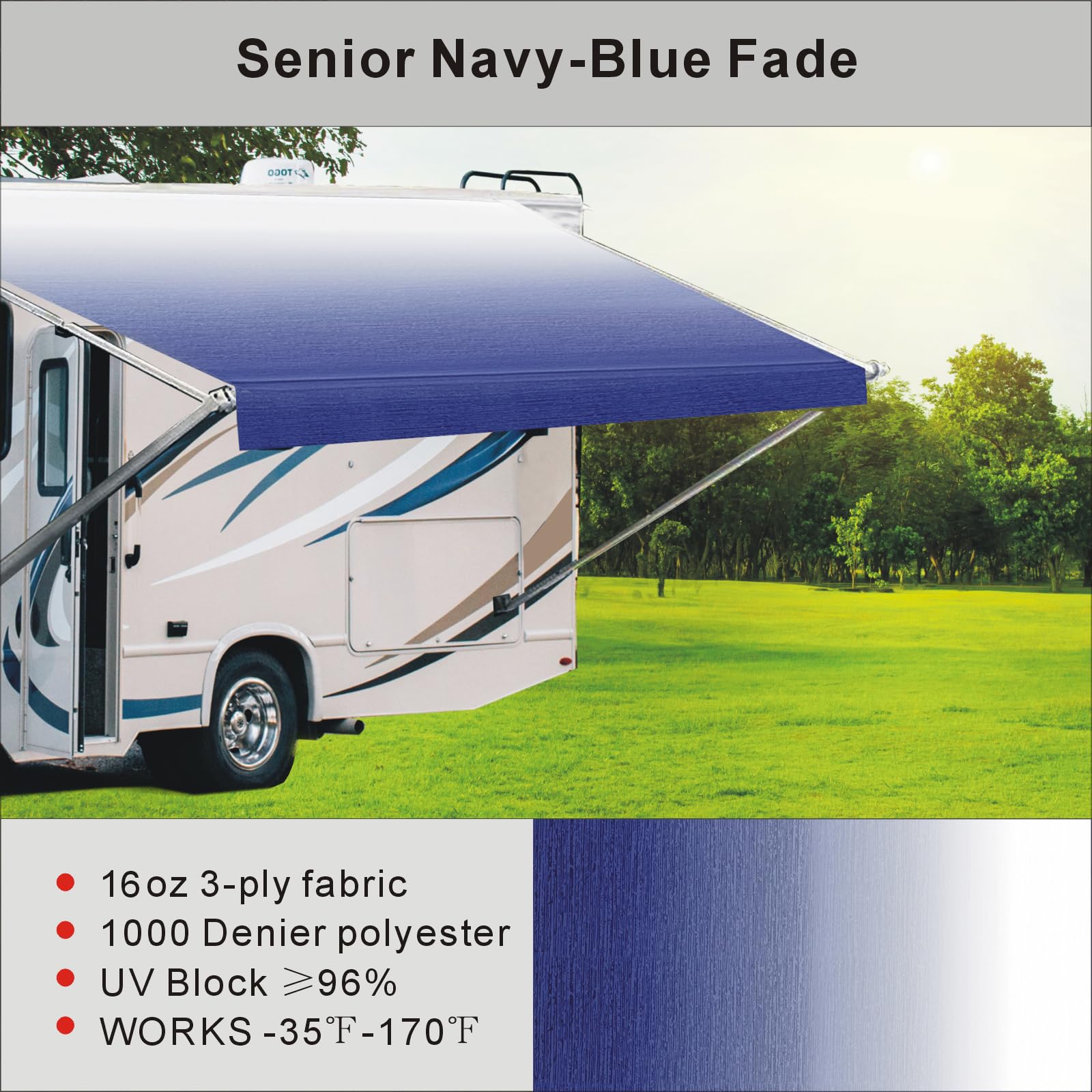 Dulepax RV Awning Fabric Replacement(10'2" Fabric) Heavy Duty 16oz Vinyl Fabric -Camper Awning Replacement Universal Replacement RV Awnings for All Awning Brands-Senior Fade Blue