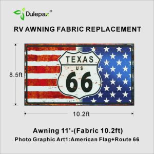 Dulepax RV Awning Fabric Replacement-11'(10'2" Fabric) Heavy Duty 16 oz Vinyl Fabric -Universal Camper Awning Fabric Replacement for All Awning Brands-Photo Graphic Art1:American Flag+Route 66