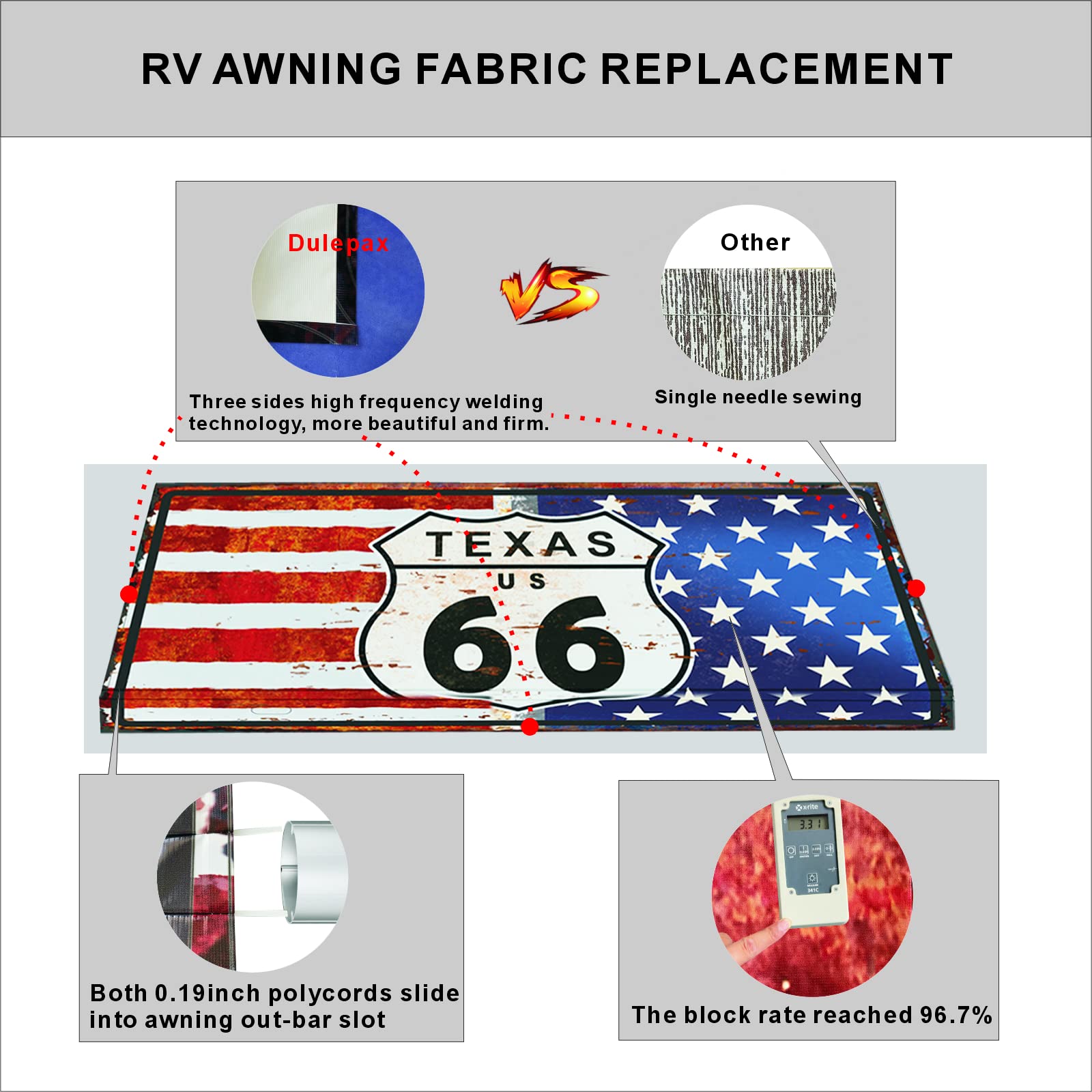 Dulepax RV Awning Fabric Replacement-11'(10'2" Fabric) Heavy Duty 16 oz Vinyl Fabric -Universal Camper Awning Fabric Replacement for All Awning Brands-Photo Graphic Art1:American Flag+Route 66