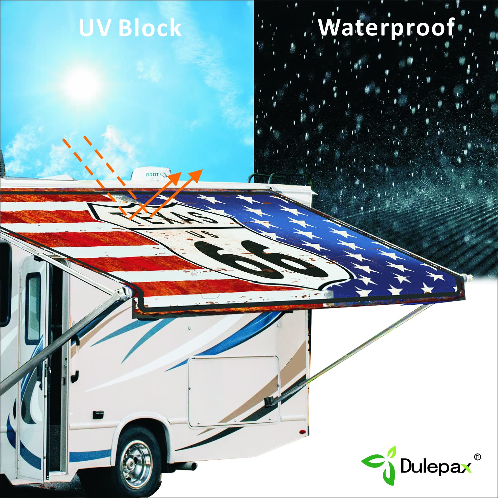 Dulepax RV Awning Fabric Replacement-11'(10'2" Fabric) Heavy Duty 16 oz Vinyl Fabric -Universal Camper Awning Fabric Replacement for All Awning Brands-Photo Graphic Art1:American Flag+Route 66