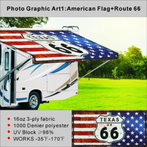 Dulepax RV Awning Fabric Replacement-11'(10'2" Fabric) Heavy Duty 16 oz Vinyl Fabric -Universal Camper Awning Fabric Replacement for All Awning Brands-Photo Graphic Art1:American Flag+Route 66