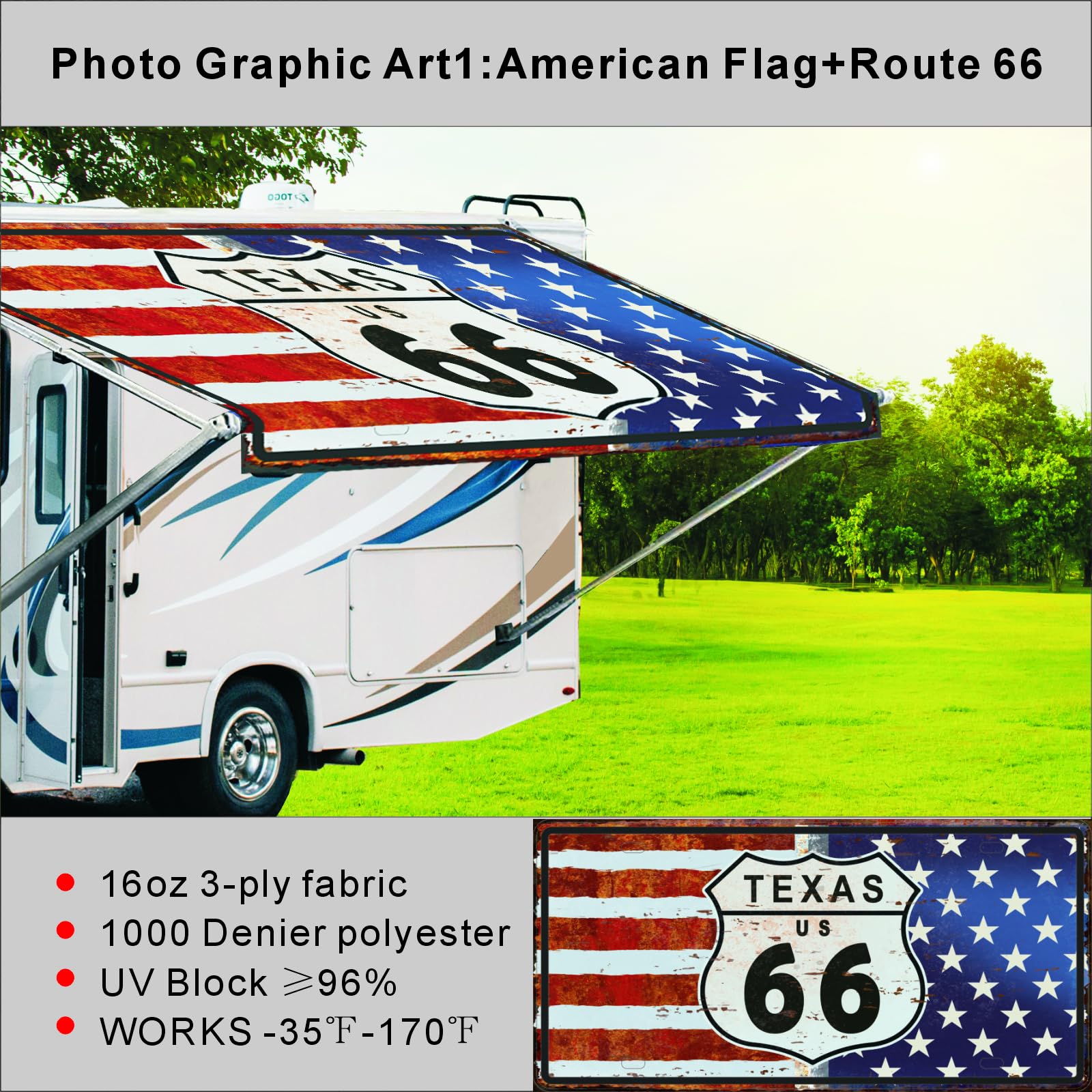 Dulepax RV Awning Fabric Replacement-11'(10'2" Fabric) Heavy Duty 16 oz Vinyl Fabric -Universal Camper Awning Fabric Replacement for All Awning Brands-Photo Graphic Art1:American Flag+Route 66