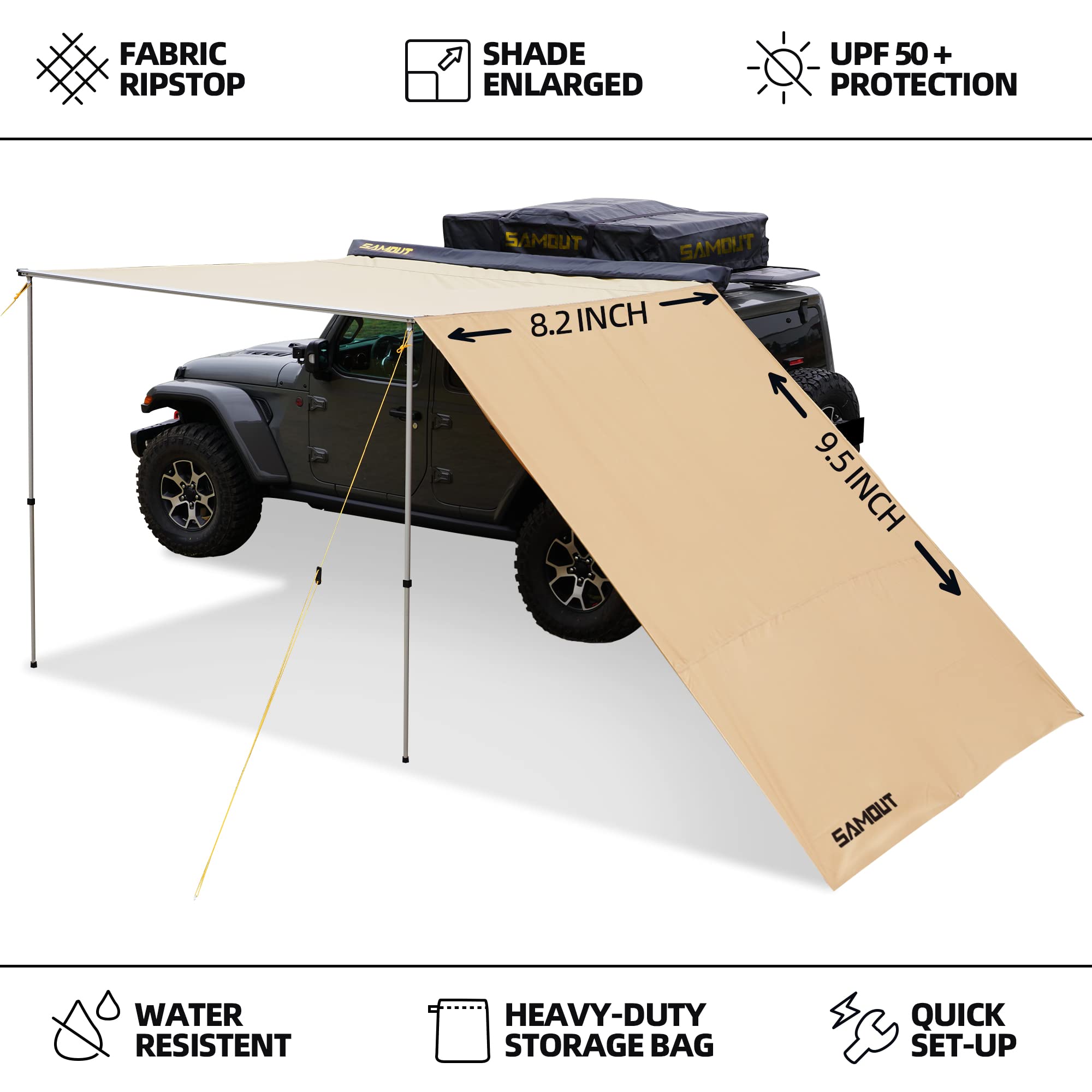 SAMOUT Awning Wall (Side), 8.2ft x 9.5ft, PU10000mm Waterproof Windbreak Extension for Vehicle Awning, UV50+ for Extra Sun Shade and Privacy