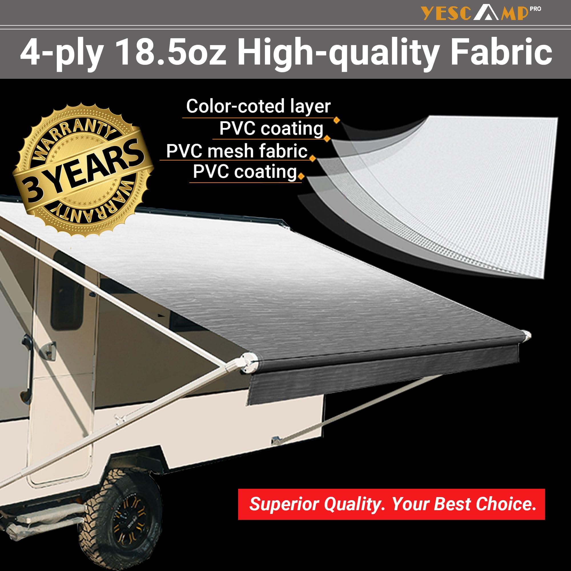 YESCAMP RV Awning Fabric Replacement Heavy Duty Weatherproof 4-Ply 18.5oz Vinyl Camper Awning Fabric - Universal Outdoor Canopy for Camper, Trailer, and Motorhome