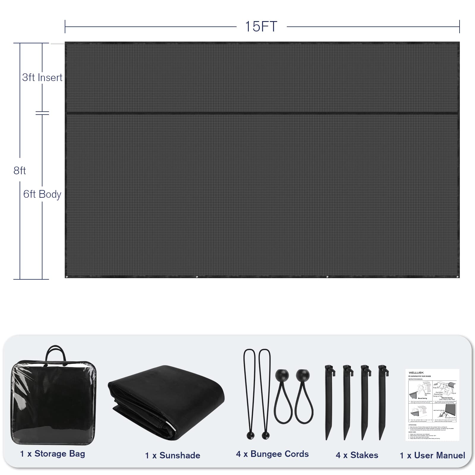 PAULINN RV Awning Front Sunshade Screen 9' X 15', Black Mesh Screen with Zipper for UV Blocker and Privacy, Complete Camper Awning Front Shade Screen Kit for Motorhome Camping Trailer Canopy