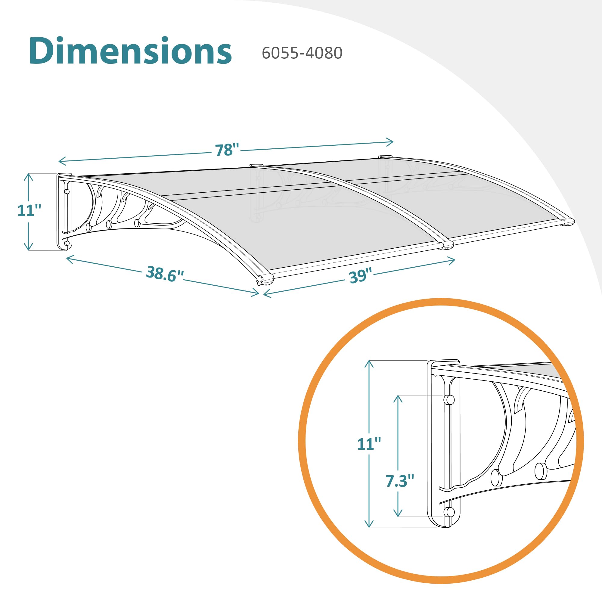 MCombo 39 x 78 inch Window Awning Outdoor Polycarbonate Front Door Patio Cover Garden Canopy 6055-4080 (40"×80") (Solid White Bracket/Clear Board)