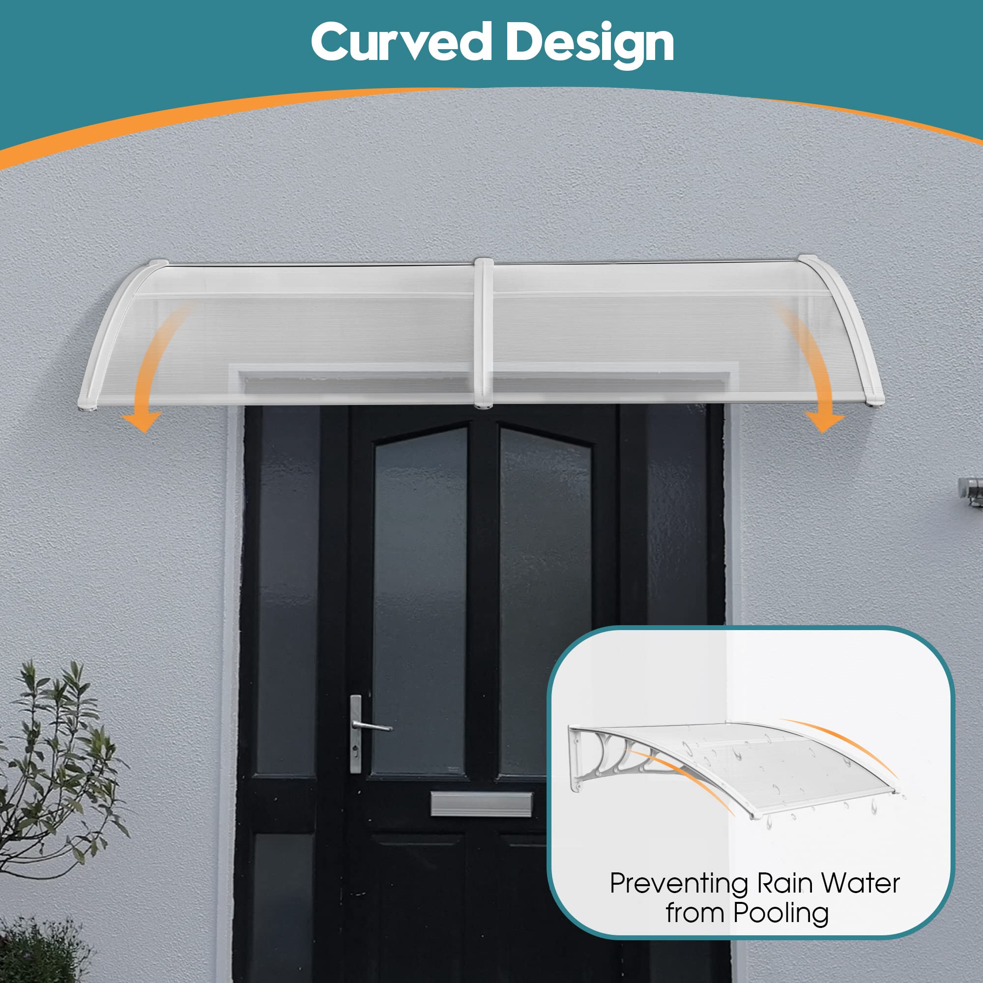 MCombo 39 x 78 inch Window Awning Outdoor Polycarbonate Front Door Patio Cover Garden Canopy 6055-4080 (40"×80") (Solid White Bracket/Clear Board)