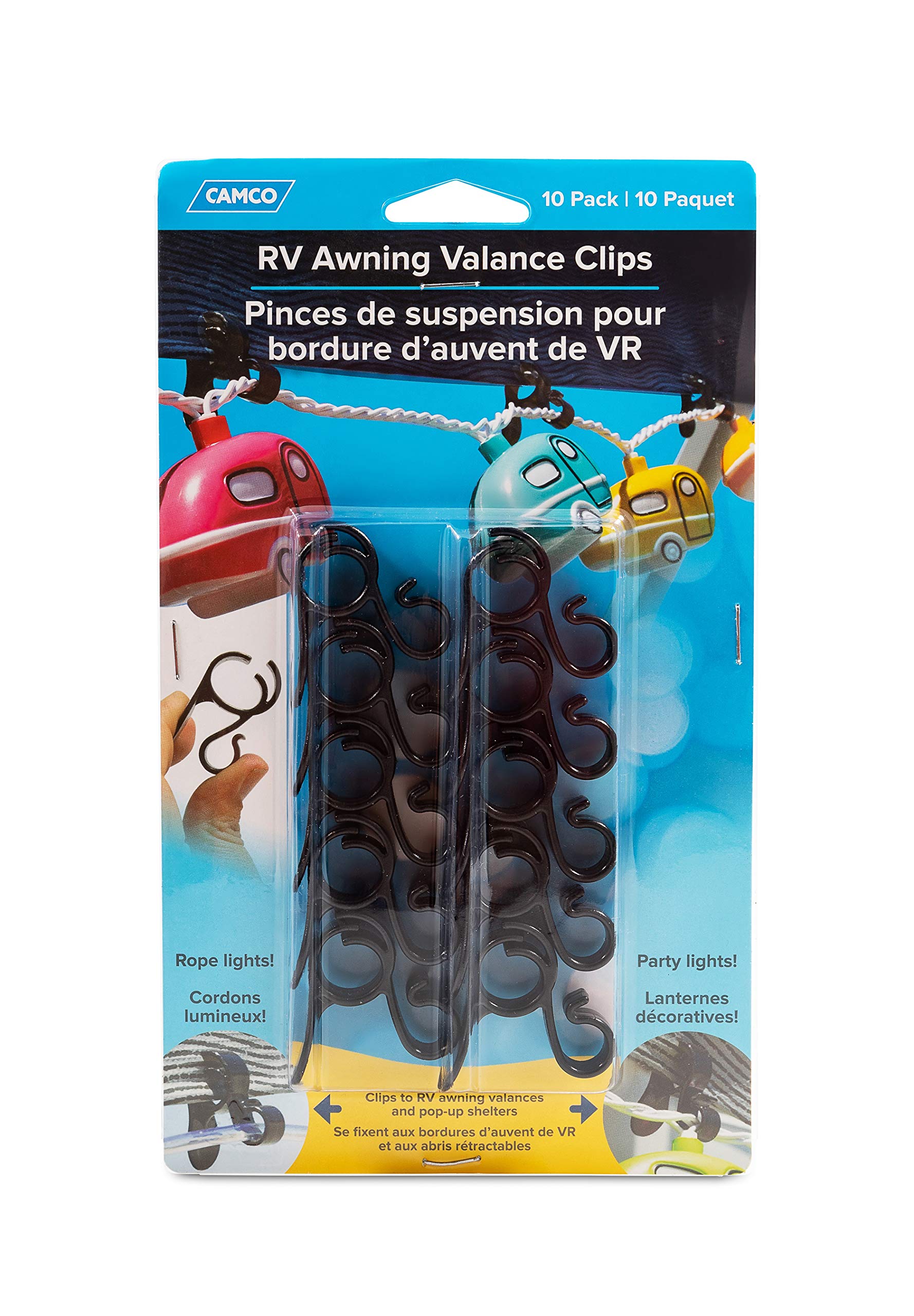 Camco RV Awning Valance Clips - Easily Hang Rope or Party Lights from Your RV's Awning Valance or Pop-Up Shelter - includes a Pack of (10) Clips (42709)