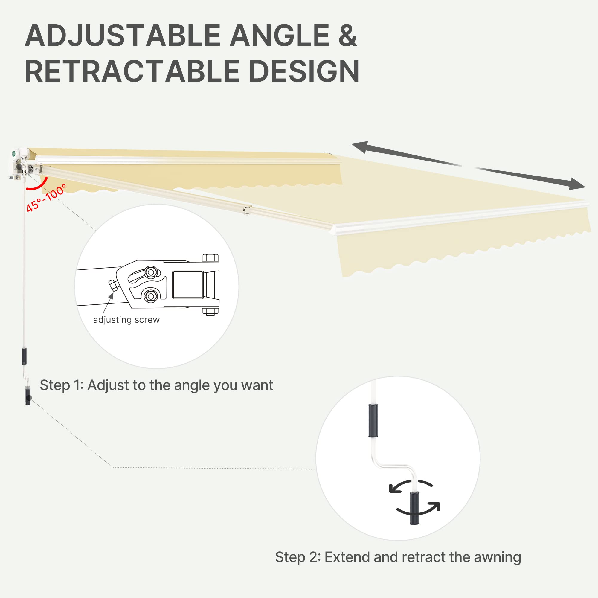 PATISOL 10'x8' Patio Awning Retractable Fully Assembled Manual Sunshade Shelter Aluminum Frame, 100% 280G Polyester Water-resistant Outdoor Window Door Awning Deck Canopy Balcony Yard Business (Beige)