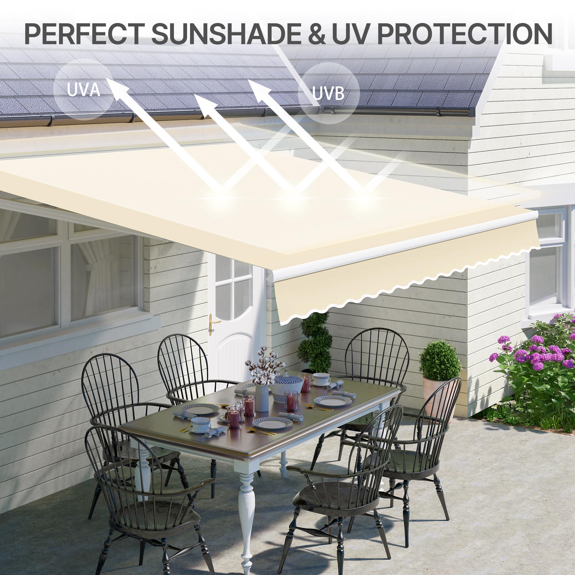 PATISOL 10'x8' Patio Awning Retractable Fully Assembled Manual Sunshade Shelter Aluminum Frame, 100% 280G Polyester Water-resistant Outdoor Window Door Awning Deck Canopy Balcony Yard Business (Beige)