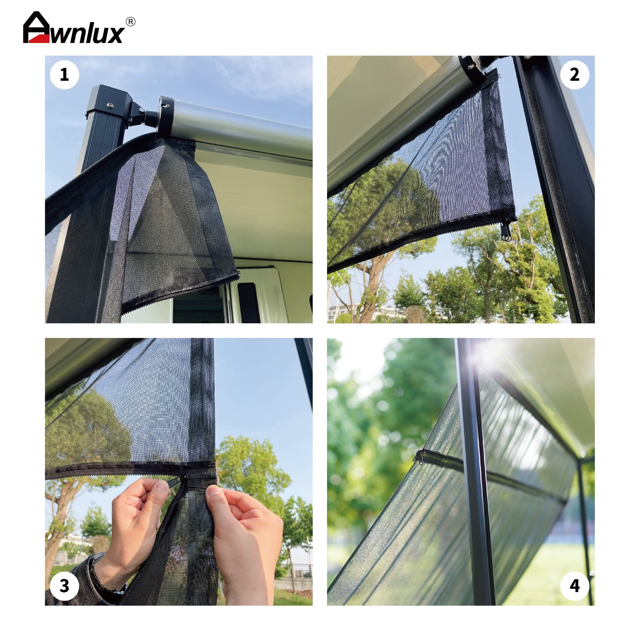 AWNLUX RV Awning Sun Shade Screen with Zipper, 8' X 19' 3'' Black Tentproinc Mesh Sunshade Camper Trailer Awning Shade Screen UV Blocker Completed Kits