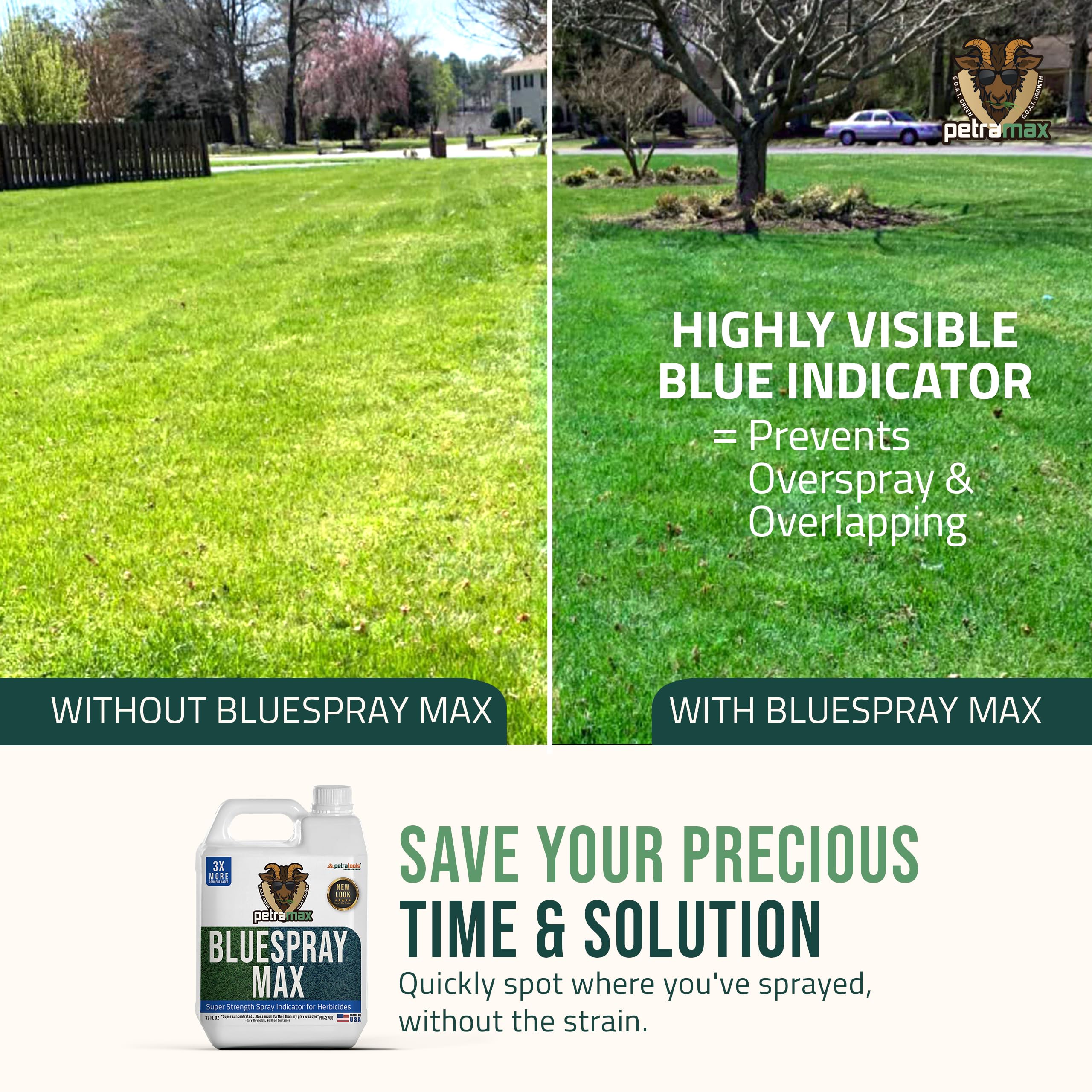 PetraMax Blue Herbicide Lawn Dye - Super Strength Concentrate 3X More Than Others, for Herbicides, Fertilizer & Weed Killer - Blue Mark Spray Indicator for Home and Commercial Sprayer Use (32 oz)