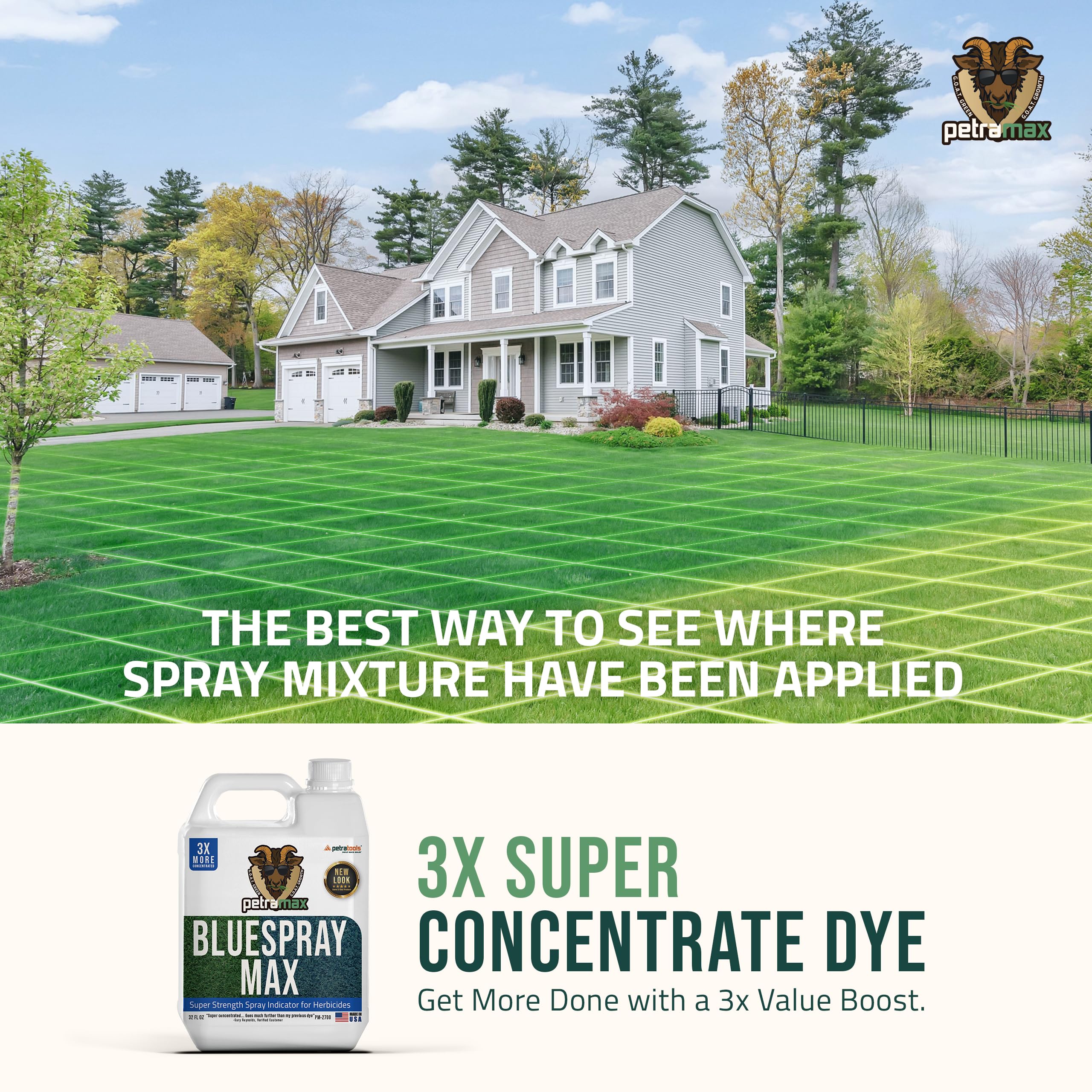 PetraMax Blue Herbicide Lawn Dye - Super Strength Concentrate 3X More Than Others, for Herbicides, Fertilizer & Weed Killer - Blue Mark Spray Indicator for Home and Commercial Sprayer Use (32 oz)