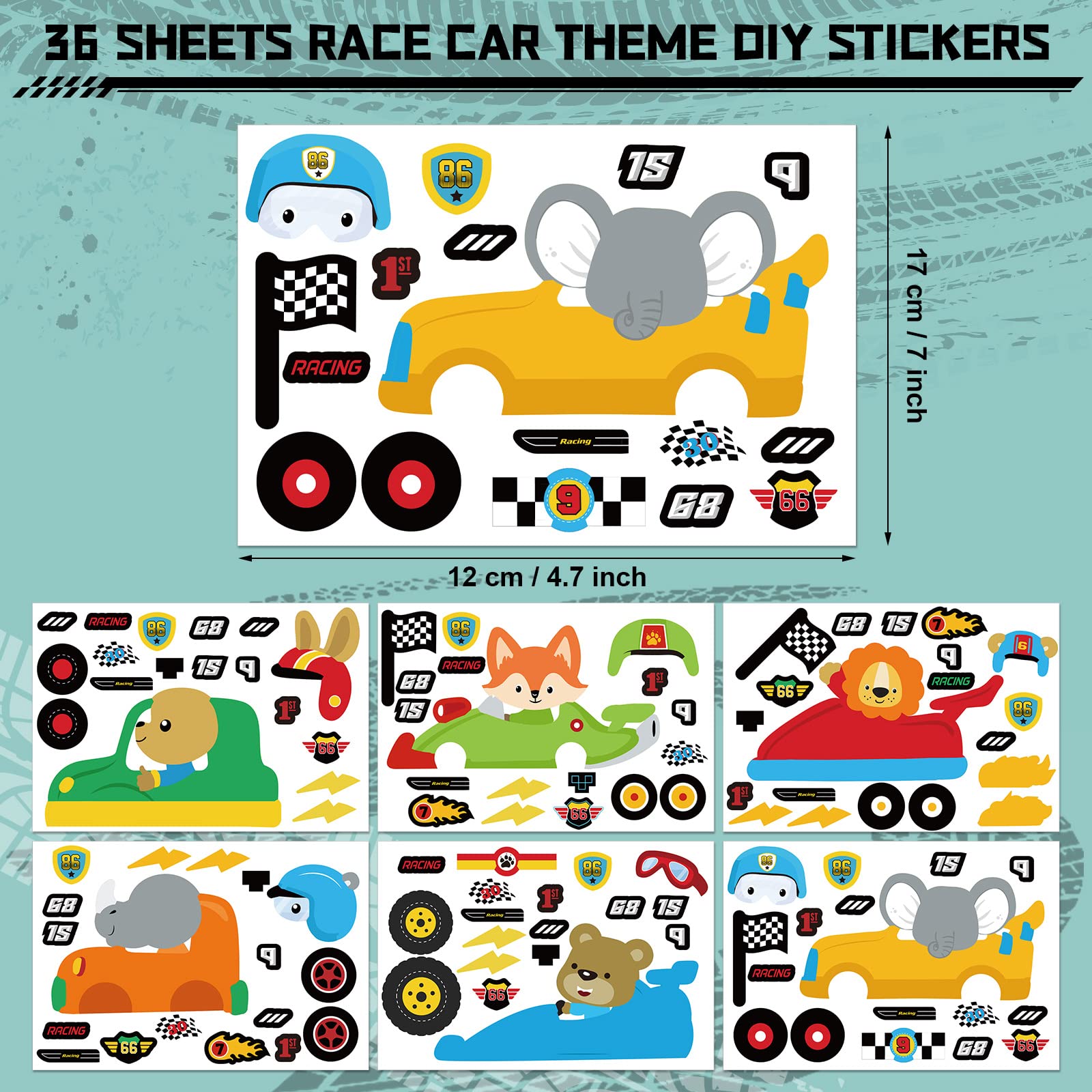 Ireer 36 Sheets Car Stickers for Kids Make Your Own Car Stickers, 6 Styles Cartoon Racing Car Stickers for Race Car Themed Birthday Party Supplies Rewards Toy Art Craft Activities