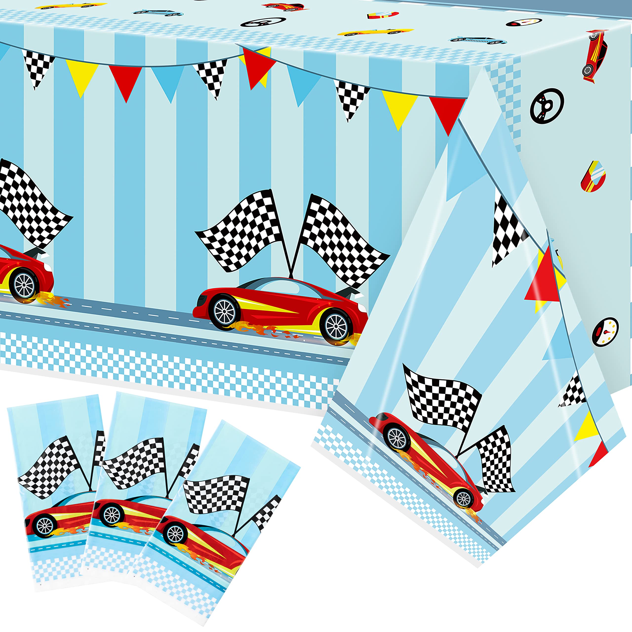 BkeeCten 3PCS Racing Car Party Tablecloth Decoration Checkered Flag Race Car Disposable Plastic Rectangular Table Covers for Kids Boys Birthday Racing Car Party Baby Shower Decor Supplies, 54X108inch