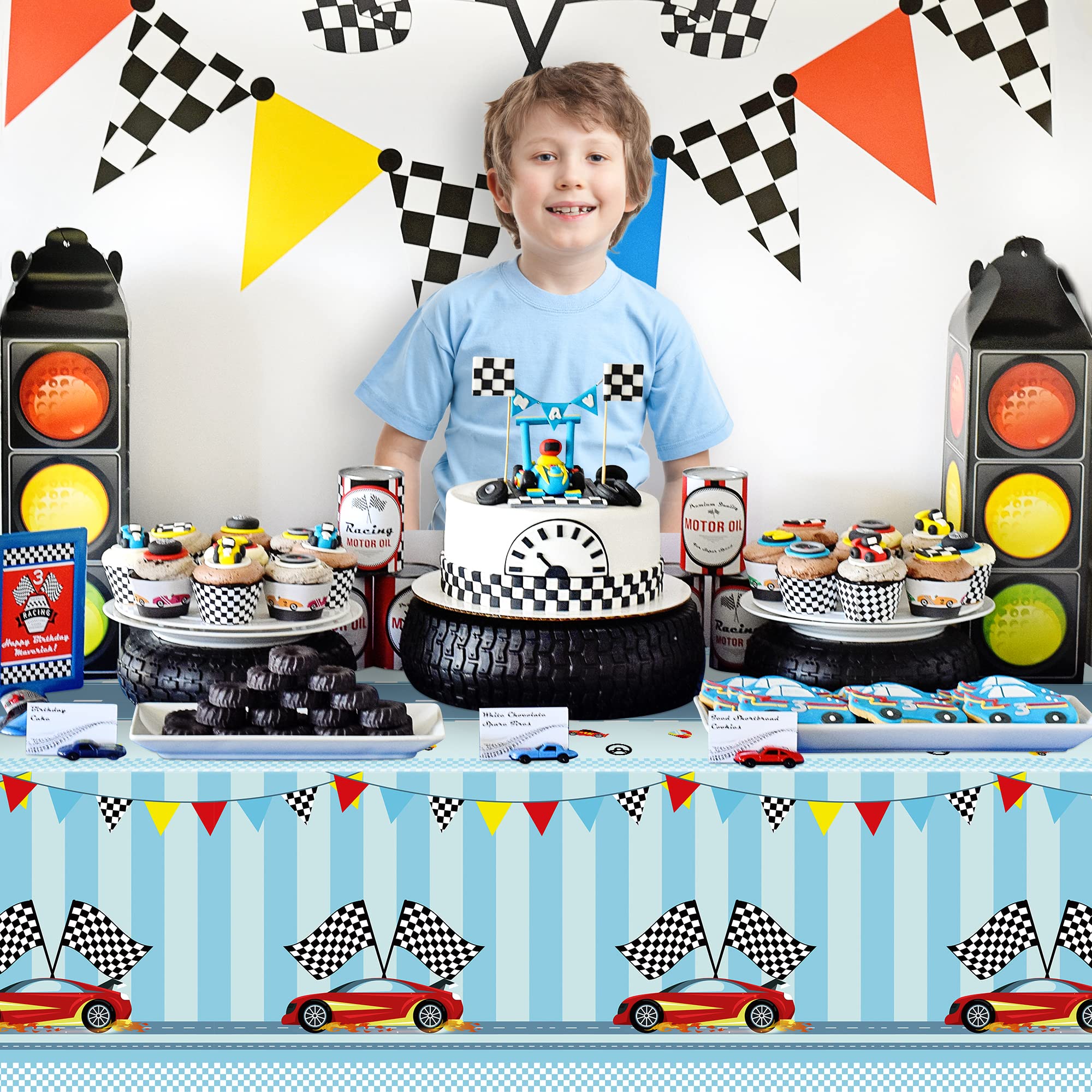 BkeeCten 3PCS Racing Car Party Tablecloth Decoration Checkered Flag Race Car Disposable Plastic Rectangular Table Covers for Kids Boys Birthday Racing Car Party Baby Shower Decor Supplies, 54X108inch