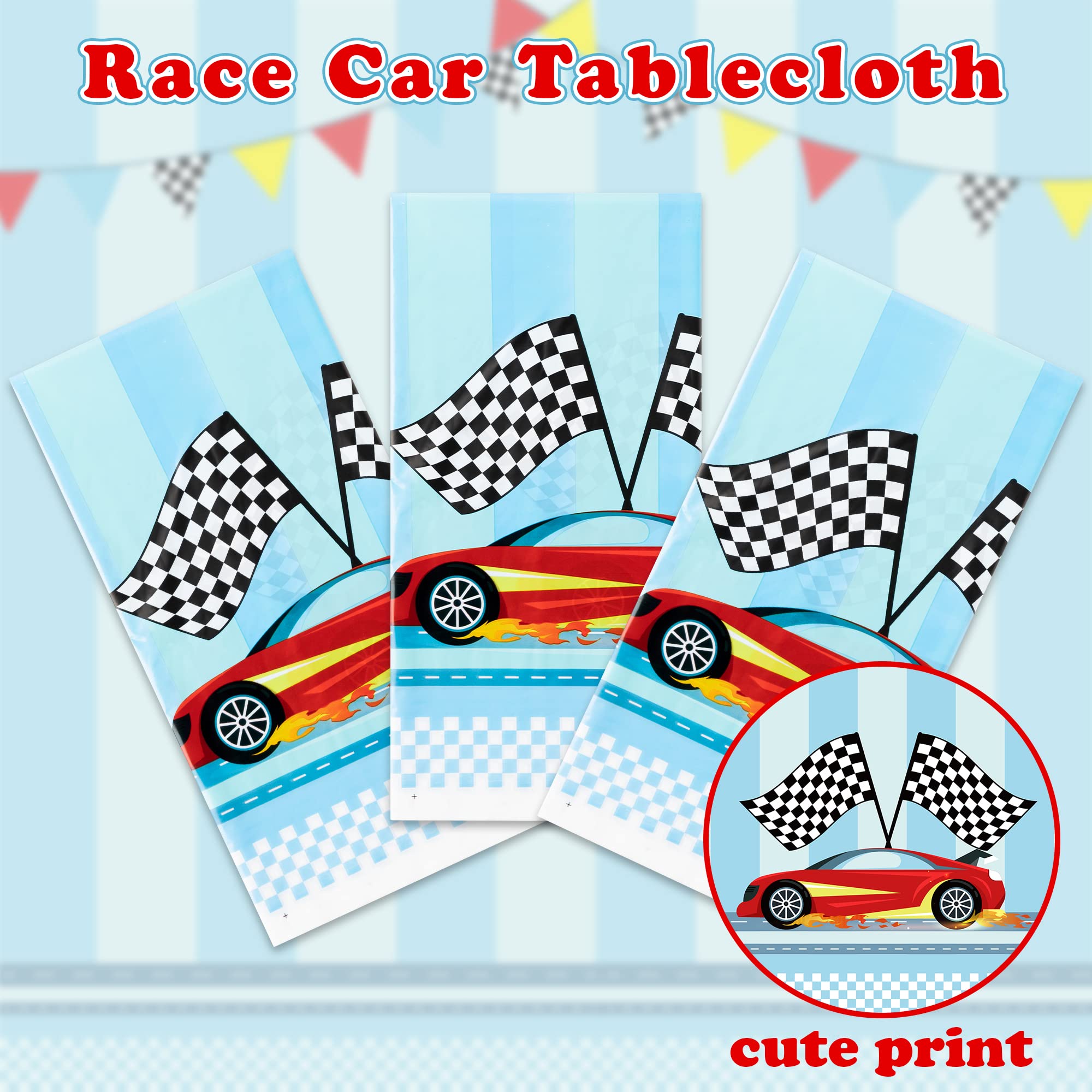 BkeeCten 3PCS Racing Car Party Tablecloth Decoration Checkered Flag Race Car Disposable Plastic Rectangular Table Covers for Kids Boys Birthday Racing Car Party Baby Shower Decor Supplies, 54X108inch