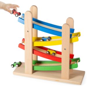 Play22 Wooden Car Ramps Race - 4 Level Toy Car Ramp Race Track includes 4 Wooden Toy Cars - My First Baby Toys - Toddler Race Car Ramp Toy Set is A Great Gift for Boys and Girls - Original by Play22