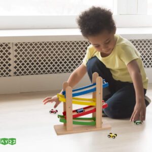 Play22 Wooden Car Ramps Race - 4 Level Toy Car Ramp Race Track includes 4 Wooden Toy Cars - My First Baby Toys - Toddler Race Car Ramp Toy Set is A Great Gift for Boys and Girls - Original by Play22