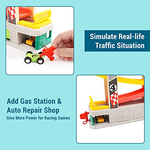 TOP BRIGHT Car Ramp Toys , Race Track Car Toy for Toddler Age 2-4 Year Old Boy with 4 Car, Parking Lot & Gas Station